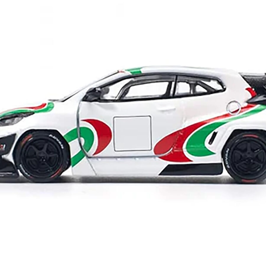 Toyota Pandem GR Yaris RHD (Right Hand Drive) "Rally Livery" White with Red and Green Graphics 1/64 Diecast Model Car by Pop Race from the WRC & Rally store collection.