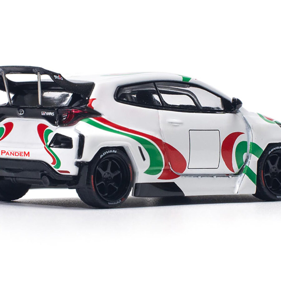 Toyota Pandem GR Yaris RHD (Right Hand Drive) "Rally Livery" White with Red and Green Graphics 1/64 Diecast Model Car by Pop Race from the WRC & Rally store collection.