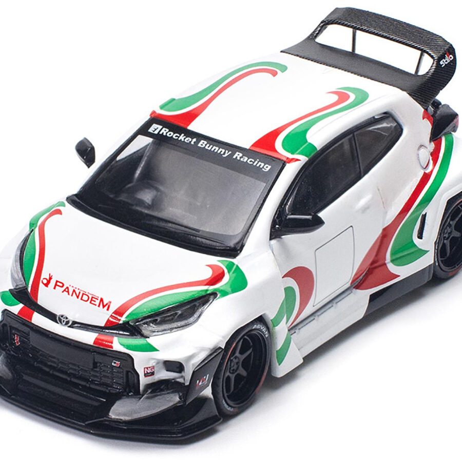 Toyota Pandem GR Yaris RHD (Right Hand Drive) "Rally Livery" White with Red and Green Graphics 1/64 Diecast Model Car by Pop Race Automotive