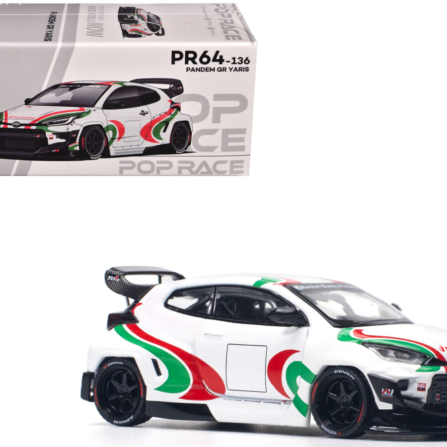 Toyota Pandem GR Yaris RHD (Right Hand Drive) "Rally Livery" White with Red and Green Graphics 1/64 Diecast Model Car by Pop Race Automotive