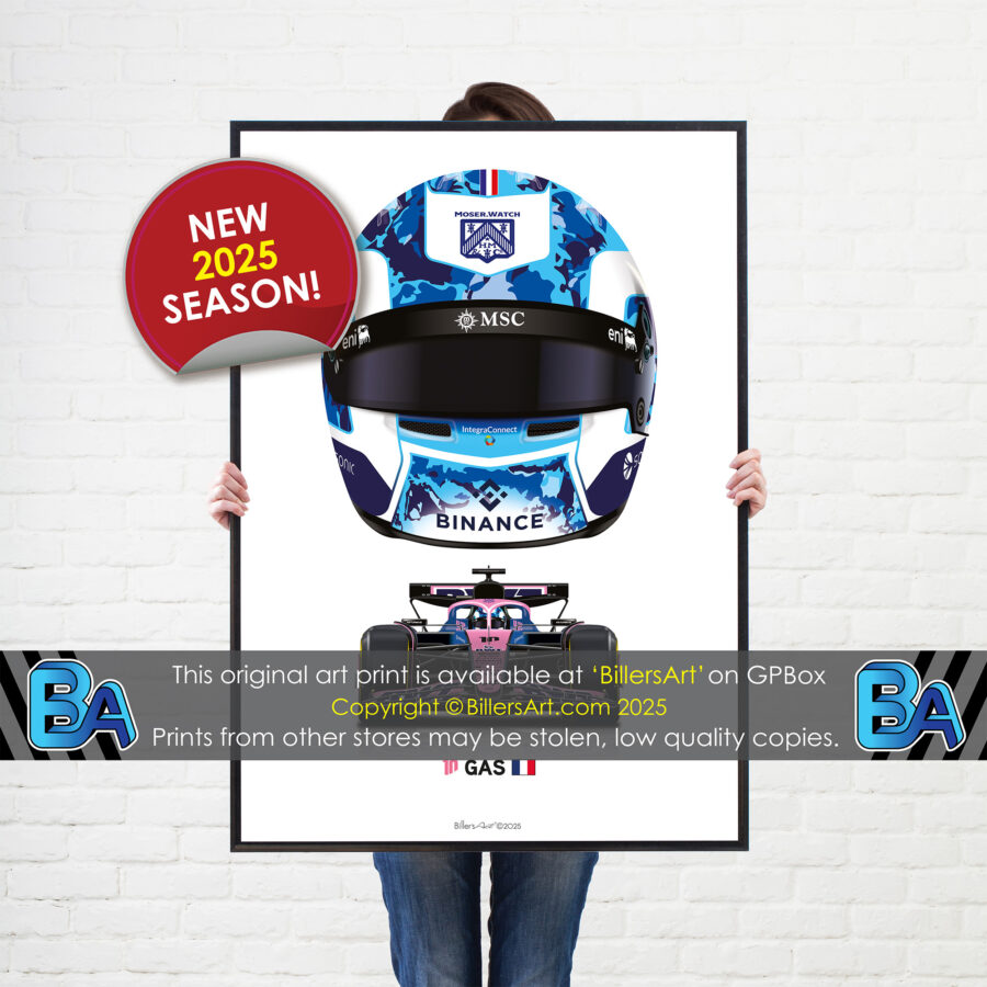 Pierre Gasly's 2025 Helmet and Alpine Racing Car. A Very High Quality Illustration Alpine F1 Team