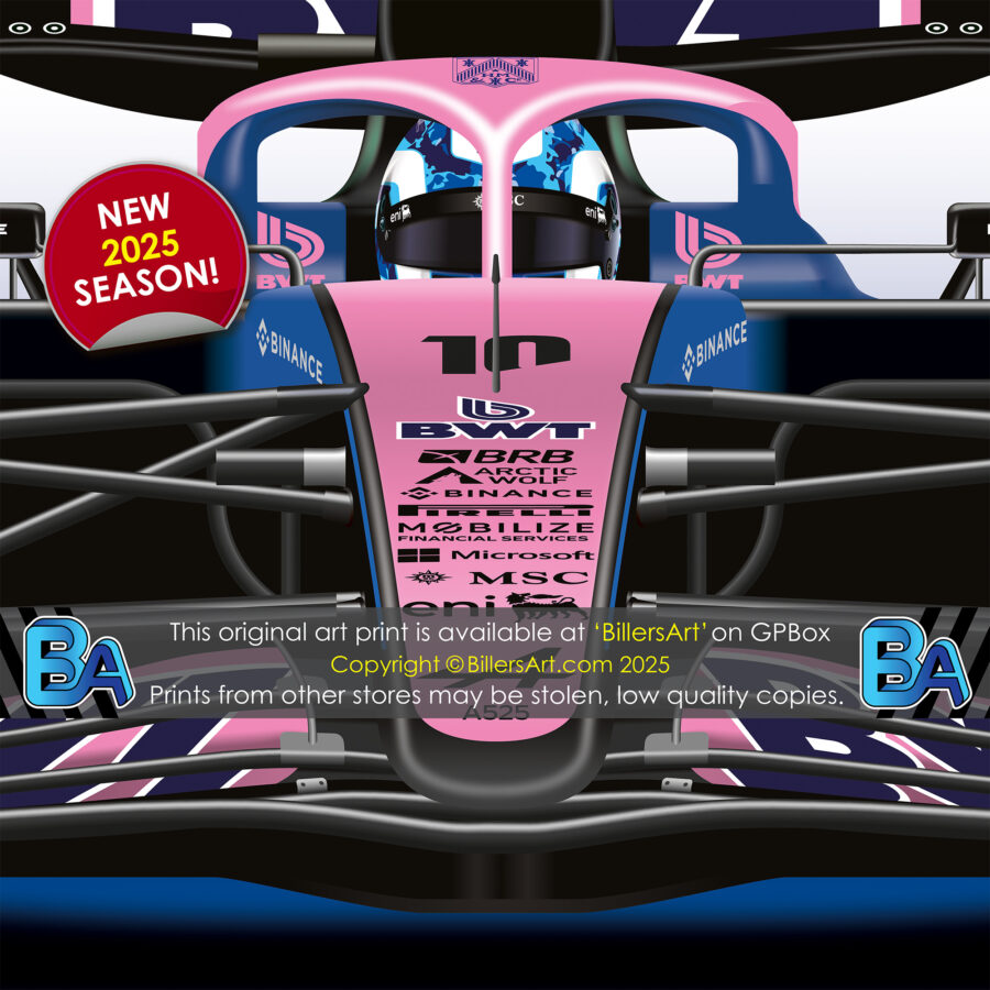 Pierre Gasly's 2025 Helmet and Alpine Racing Car. A Very High Quality Illustration Alpine F1 Team
