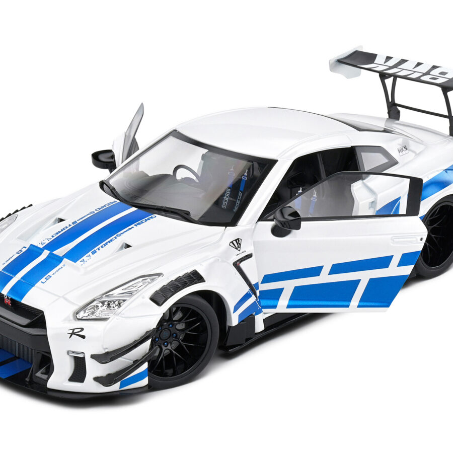 2024 Nissan GT-R (R35) RHD (Right Hand Drive) with Liberty Walk 2.0 Body Kit White Metallic with Blue Stripes "For Paul Tribute" 1/18 Diecast Model Car by Solido Automotive