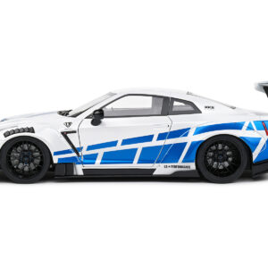 2024 Nissan GT-R (R35) RHD (Right Hand Drive) with Liberty Walk 2.0 Body Kit White Metallic with Blue Stripes "For Paul Tribute" 1/18 Diecast Model Car by Solido  by Diecast Mania
