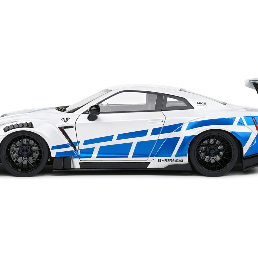2024 Nissan GT-R (R35) RHD (Right Hand Drive) with Liberty Walk 2.0 Body Kit White Metallic with Blue Stripes "For Paul Tribute" 1/18 Diecast Model Car by Solido Automotive