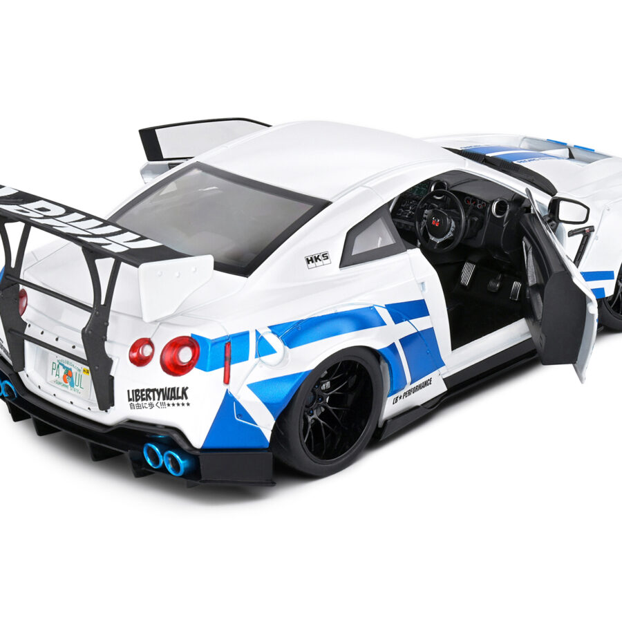 2024 Nissan GT-R (R35) RHD (Right Hand Drive) with Liberty Walk 2.0 Body Kit White Metallic with Blue Stripes "For Paul Tribute" 1/18 Diecast Model Car by Solido Automotive