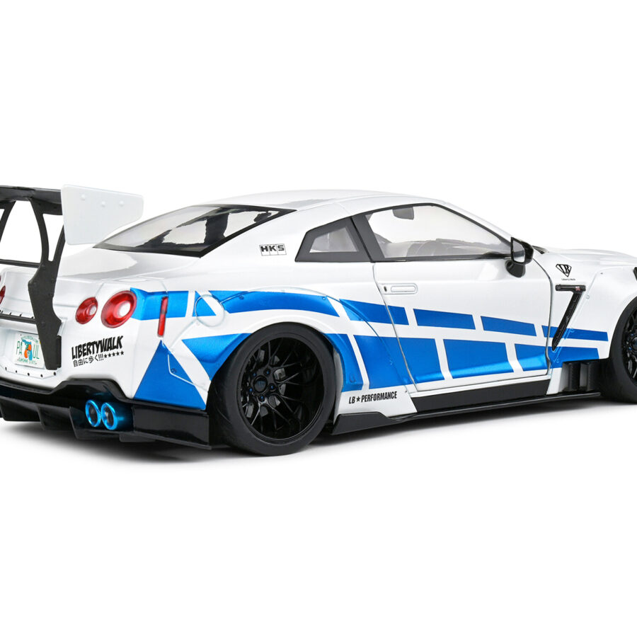 2024 Nissan GT-R (R35) RHD (Right Hand Drive) with Liberty Walk 2.0 Body Kit White Metallic with Blue Stripes "For Paul Tribute" 1/18 Diecast Model Car by Solido Automotive
