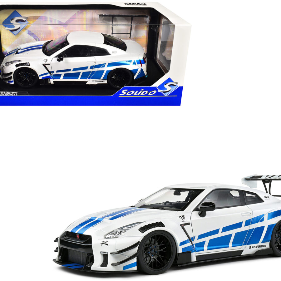 2024 Nissan GT-R (R35) RHD (Right Hand Drive) with Liberty Walk 2.0 Body Kit White Metallic with Blue Stripes "For Paul Tribute" 1/18 Diecast Model Car by Solido Automotive