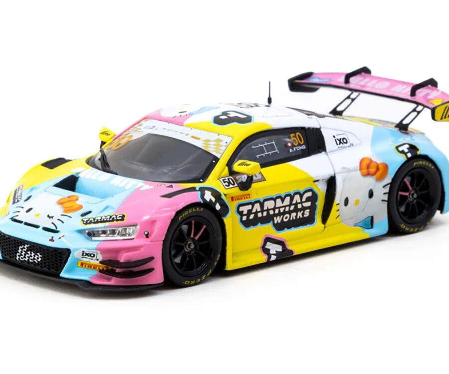 Audi R8 LMS GT3 Evo II #50 Adderly Fong "Macau GP Cup - Hello Kitty 50th Anniversary" "FIA GT World Cup" (2023) with Cards "Hobby43" Series 1/43 Diecast Model Car by Tarmac Works from the Audi store collection.