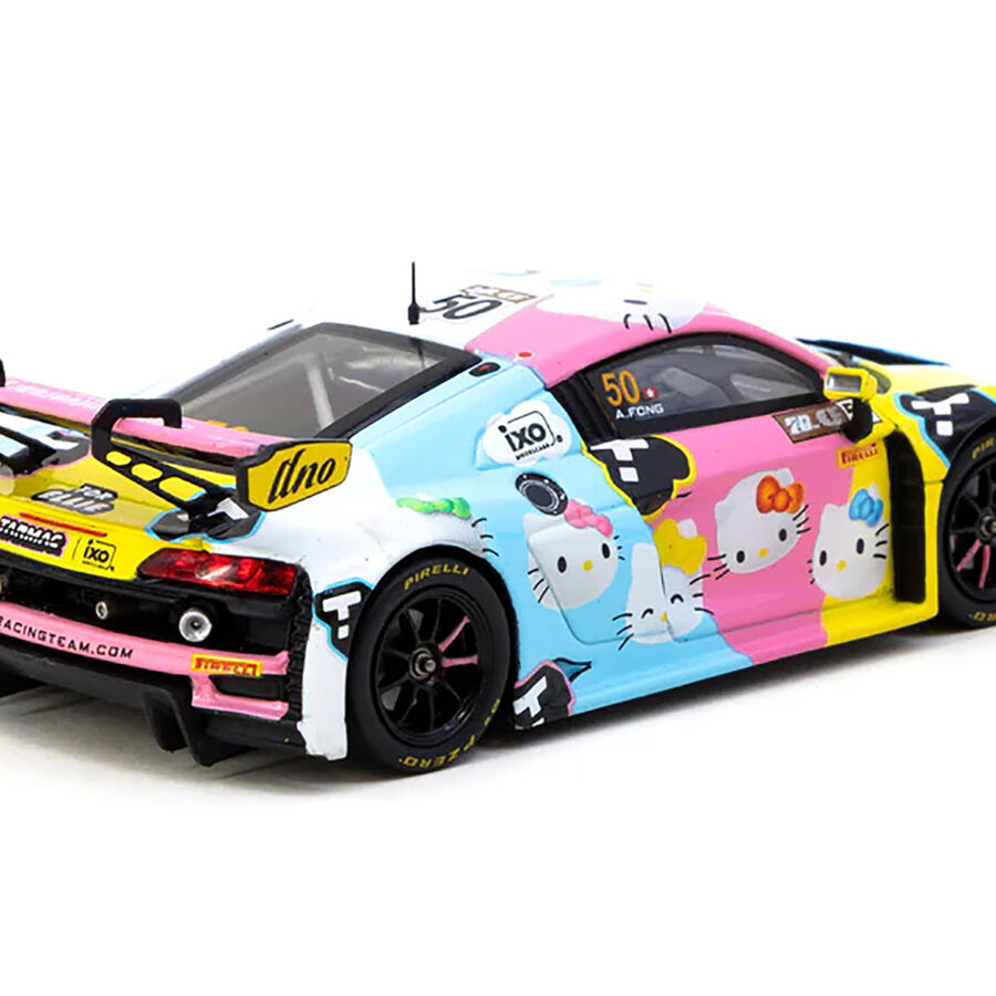 Audi R8 LMS GT3 Evo II #50 Adderly Fong "Macau GP Cup - Hello Kitty 50th Anniversary" "FIA GT World Cup" (2023) with Cards "Hobby43" Series 1/43 Diecast Model Car by Tarmac Works from the Audi store collection.