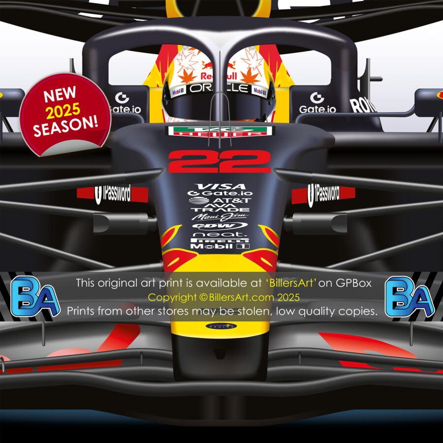 Yuki Tsunoda's 2025 Helmet and Red Bull Racing Car. A Very High Quality Illustration F1 Art