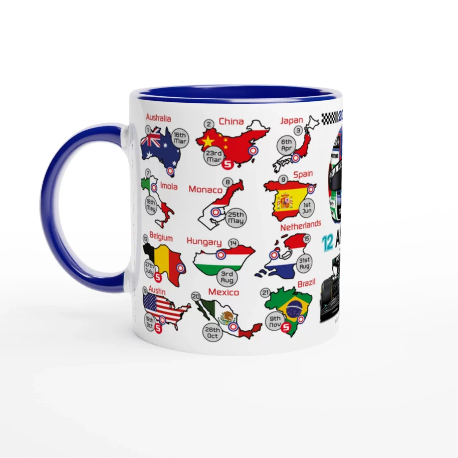Andrea Kimi Antonelli's 2025 Formula 1 Helmet and Car High Quality Calendar Mug from the Kimi Räikkönen store collection.