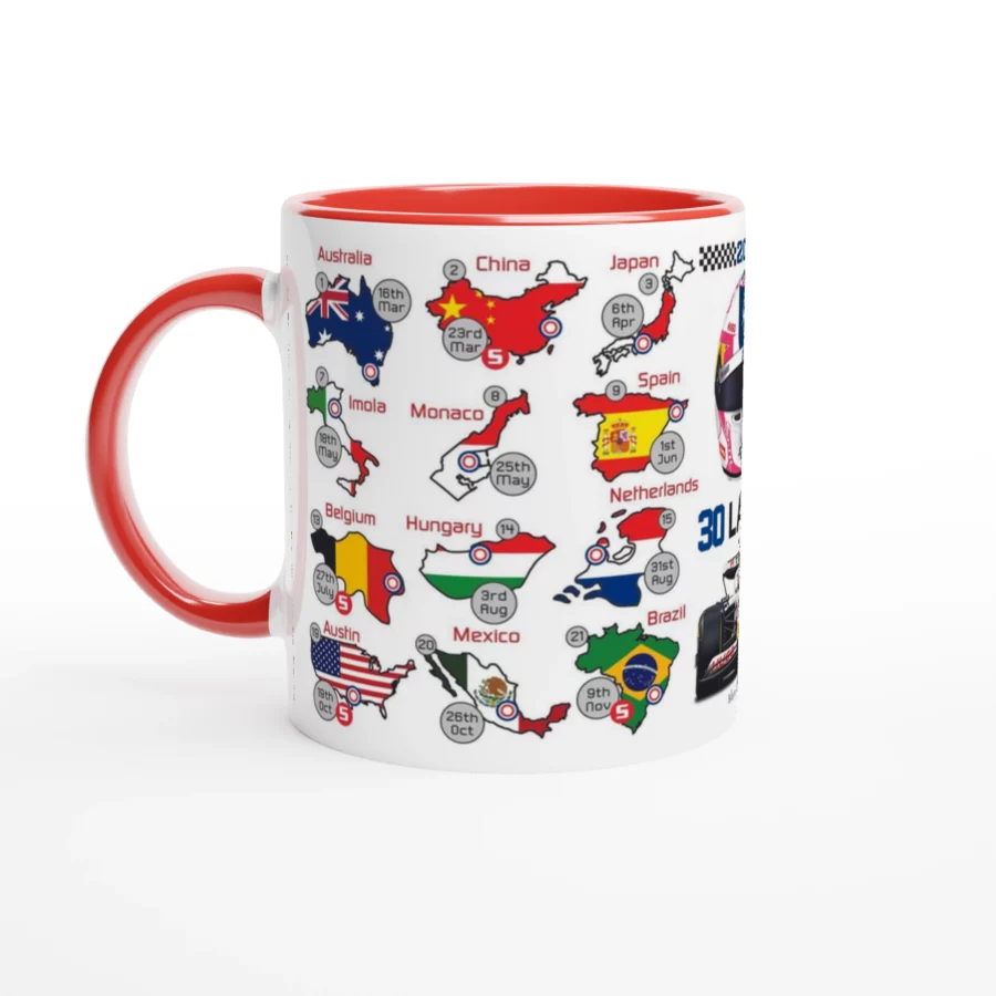 Liam Lawson's 2025 Formula 1 Helmet and Car High Quality Calendar Mug from the Formula 1 Memorabilia store collection.