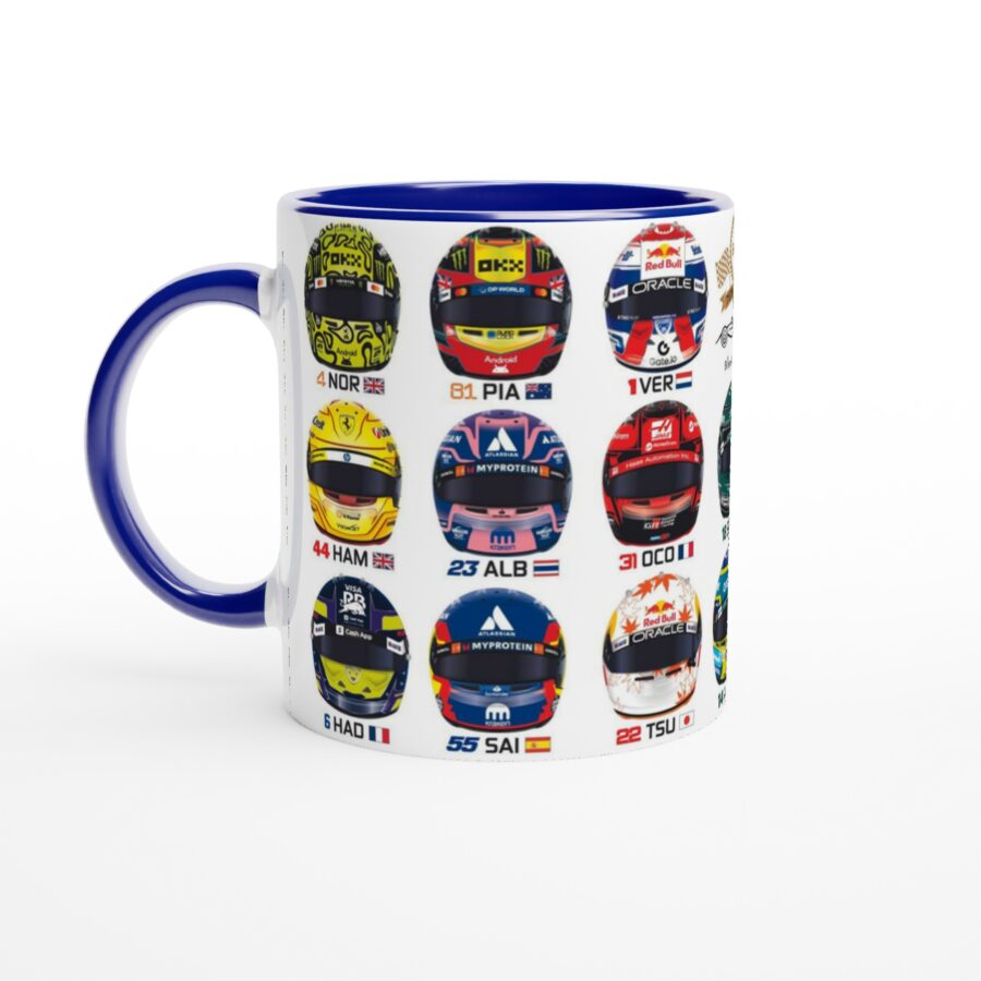 Formula 1 2025 All Driver Helmets Mug. All helmets featured from the Scuderia Toro Rosso store collection.