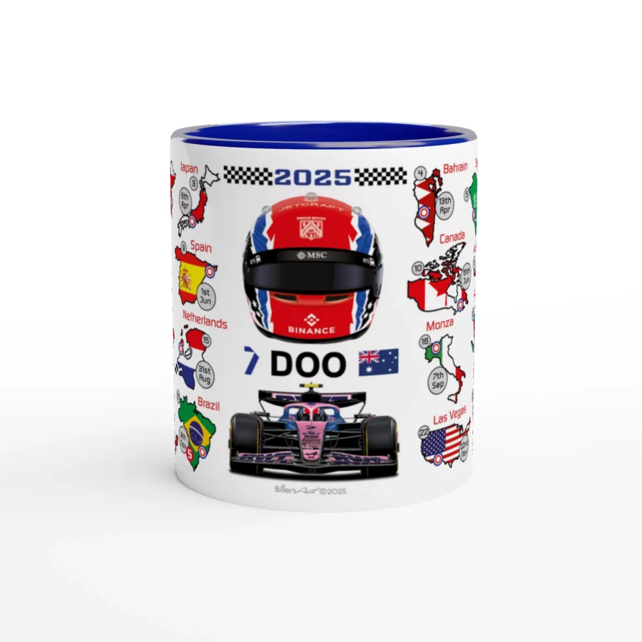 Jack Doohan's 2025 Formula 1 Helmet and Car High Quality Calendar Mug Alpine F1 Team