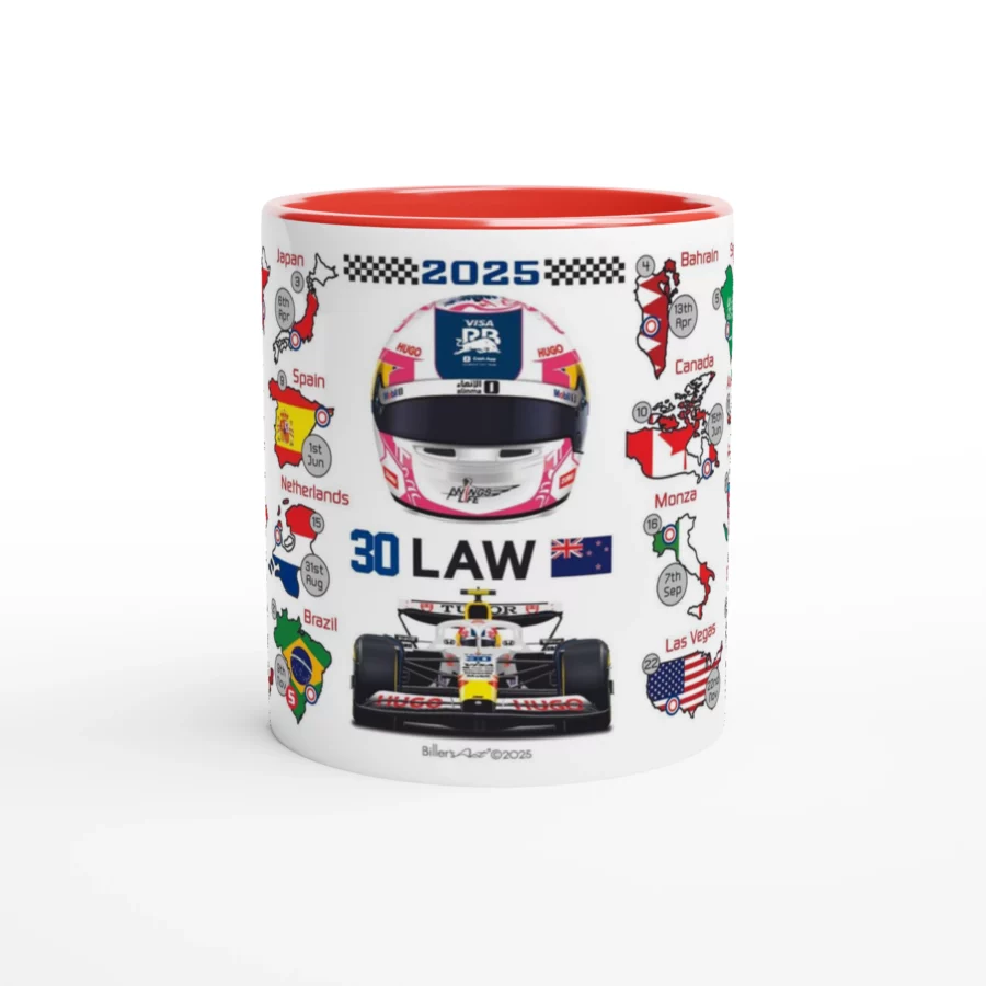 Liam Lawson's 2025 Formula 1 Helmet and Car High Quality Calendar Mug F1 Accessories