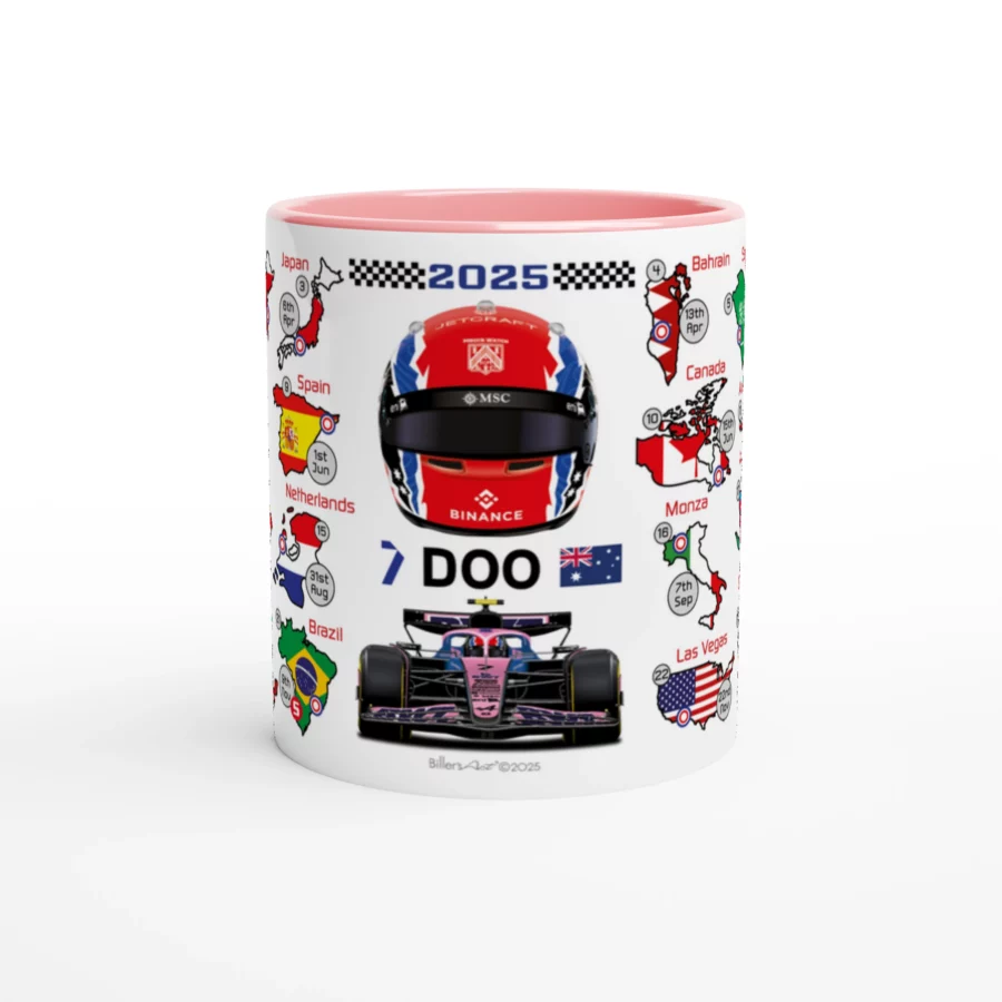Jack Doohan's 2025 Formula 1 Helmet and Car High Quality Calendar Mug Alpine F1 Team