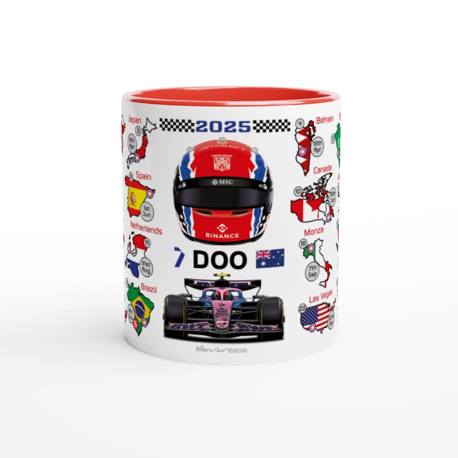 Jack Doohan's 2025 Formula 1 Helmet and Car High Quality Calendar Mug Alpine F1 Team
