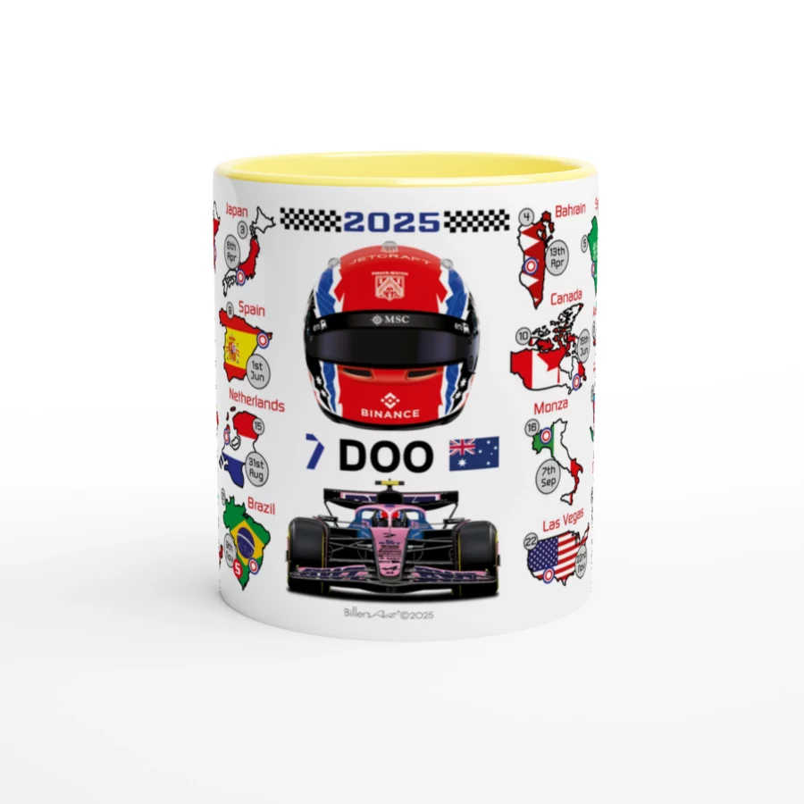 Jack Doohan's 2025 Formula 1 Helmet and Car High Quality Calendar Mug Alpine F1 Team