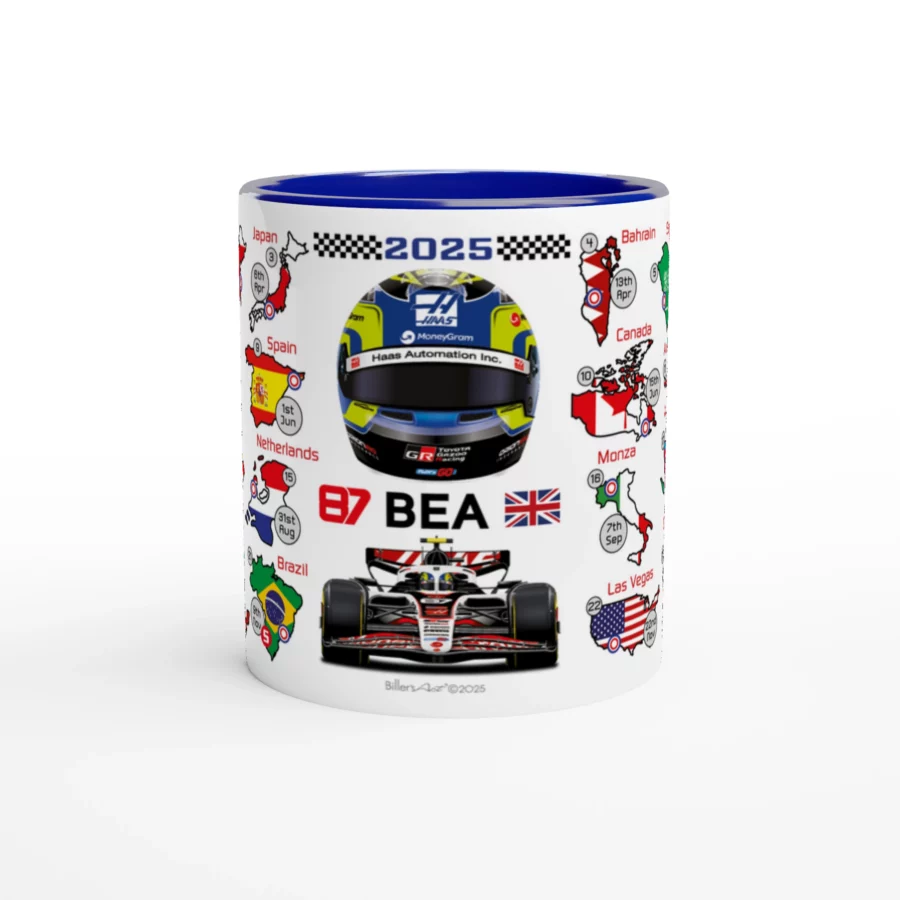 Oliver Bearman's 2025 Formula 1 Helmet and Car High Quality Calendar Mug F1 Accessories