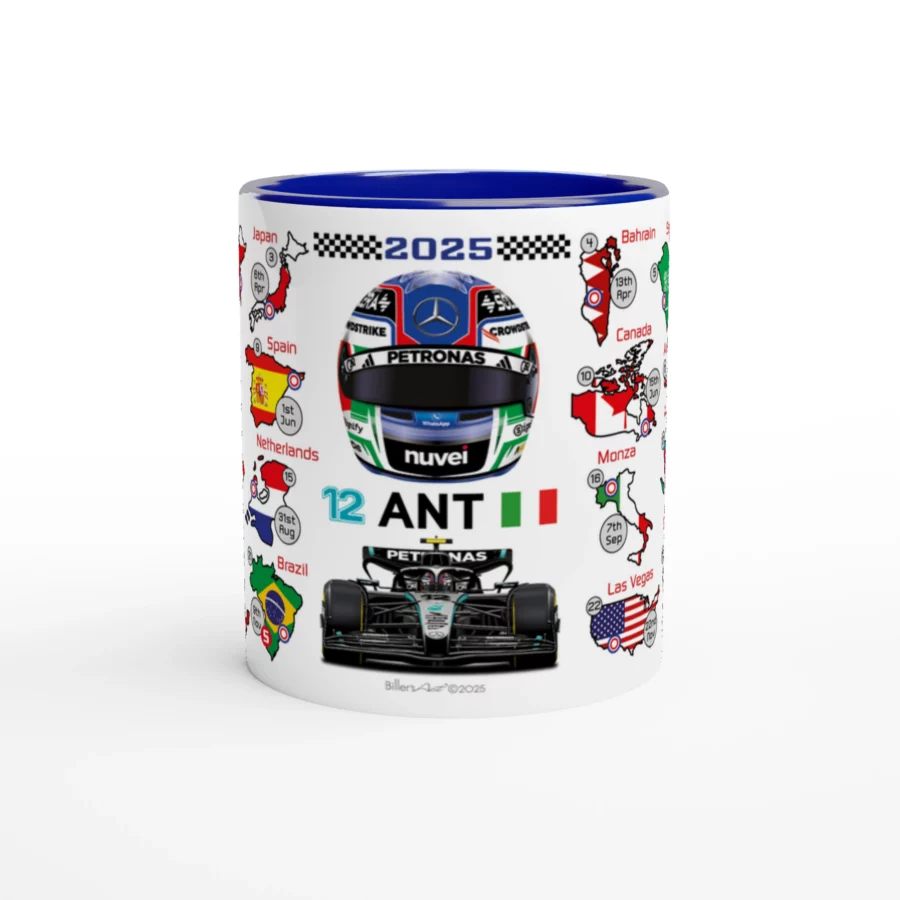Andrea Kimi Antonelli's 2025 Formula 1 Helmet and Car High Quality Calendar Mug F1 Accessories