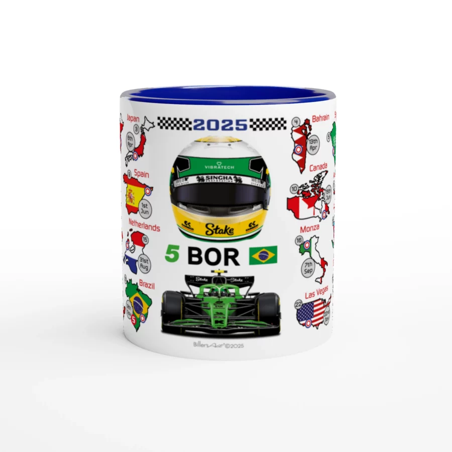 Gabriel Bortoleto's 2025 Formula 1 Helmet and Car High Quality Calendar Mug F1 Accessories