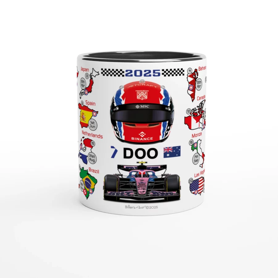 Jack Doohan's 2025 Formula 1 Helmet and Car High Quality Calendar Mug Alpine F1 Team