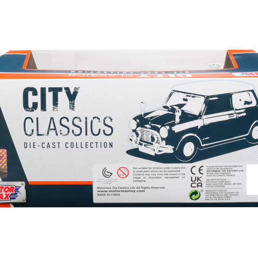 1961-1967 Morris Mini Cooper RHD (Right Hand Drive) Dark Blue with British Flag on the Top and Roof Rack "City Classics" Series 1/18 Diecast Model Car by Motormax Automotive