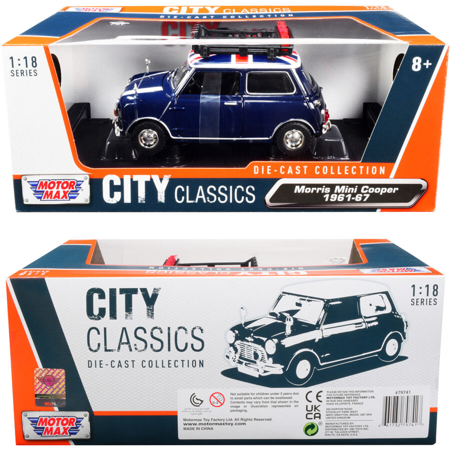 1961-1967 Morris Mini Cooper RHD (Right Hand Drive) Dark Blue with British Flag on the Top and Roof Rack "City Classics" Series 1/18 Diecast Model Car by Motormax Automotive
