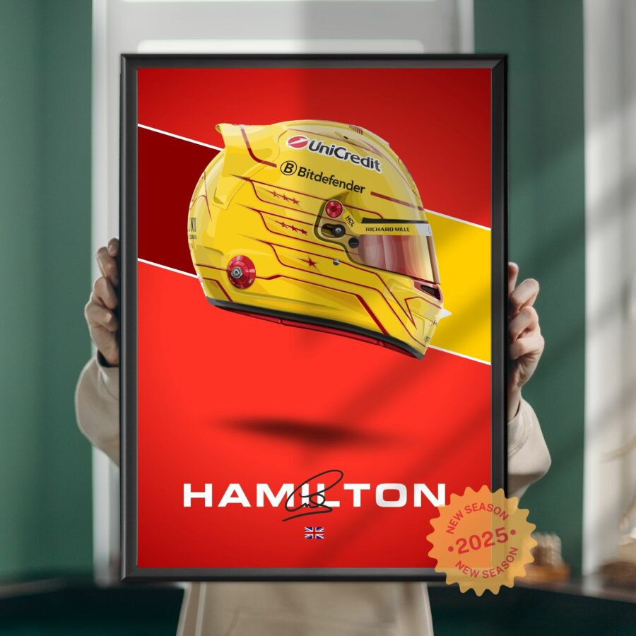 Lewis Hamilton 2025 Helmet Poster, F1, Formula 1, Ferrari, F1 Merch, Poster, Print, Wall Art, Scuderia Ferrari from the Ferrari F1 Memorabilia store collection.