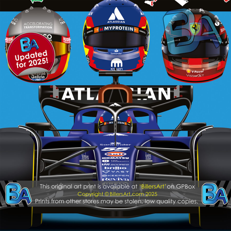 Carlos Sainz 2025 Williams Formula 1 Car. Very High Quality Illustration from the McLaren Automotive store collection.