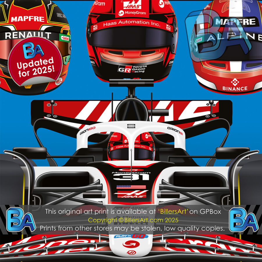 Esteban Ocon 2025 Haas Formula 1 Car. Very High Quality Illustration from the Haas F1 Team store collection.