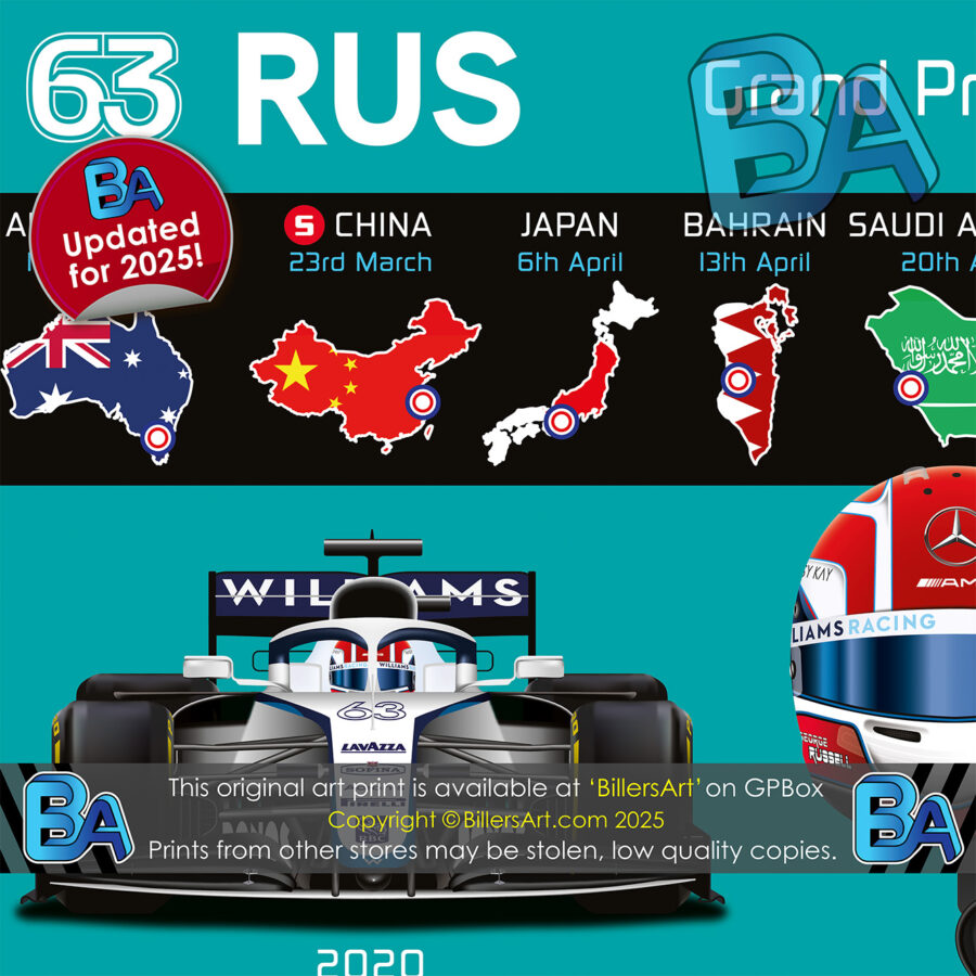 George Russell 2025 Mercedes Formula 1 Car. Very High Quality Illustration from the Mercedes AMG Petronas F1 store collection.