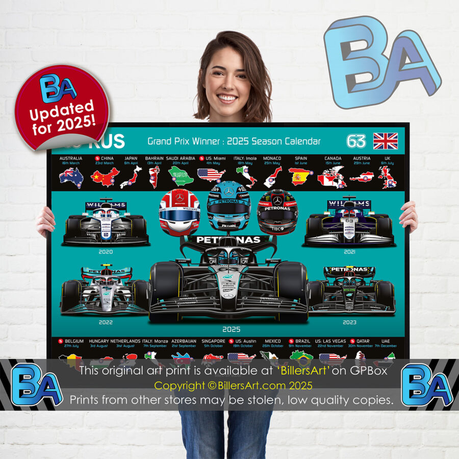George Russell 2025 Mercedes Formula 1 Car. Very High Quality Illustration from the Mercedes AMG Petronas F1 store collection.