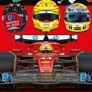 Lewis Hamilton 2025 Ferrari Formula 1 Car. Very High Quality Illustration McLaren Automotive by Billeresque