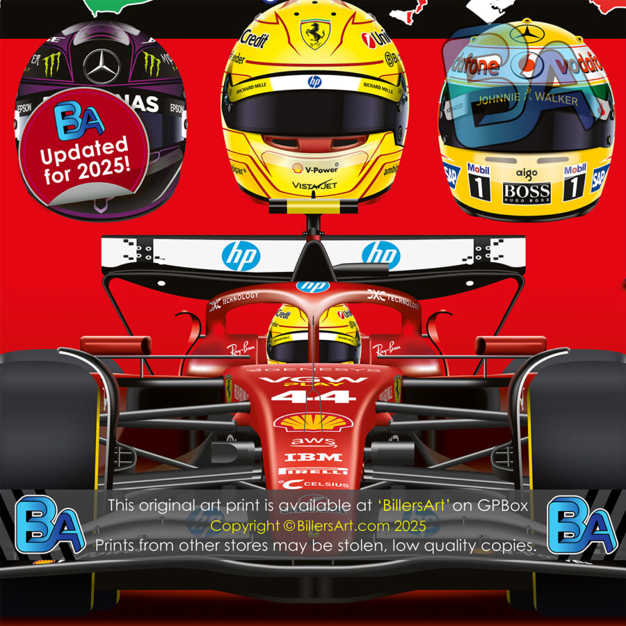 Lewis Hamilton 2025 Ferrari Formula 1 Car. Very High Quality Illustration F1 Art