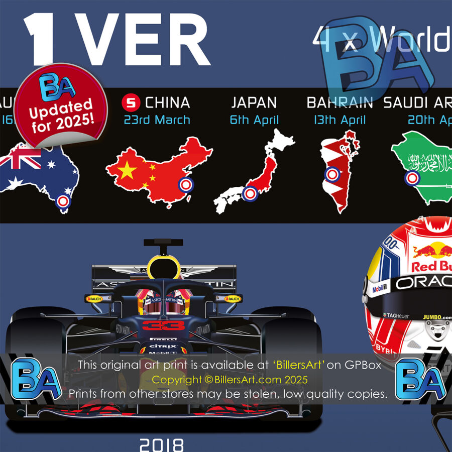 Max Verstappen 2025 Red Bull Formula 1 Car. Very High Quality Illustration In Blue (Orange also Available) Formula 1 Memorabilia