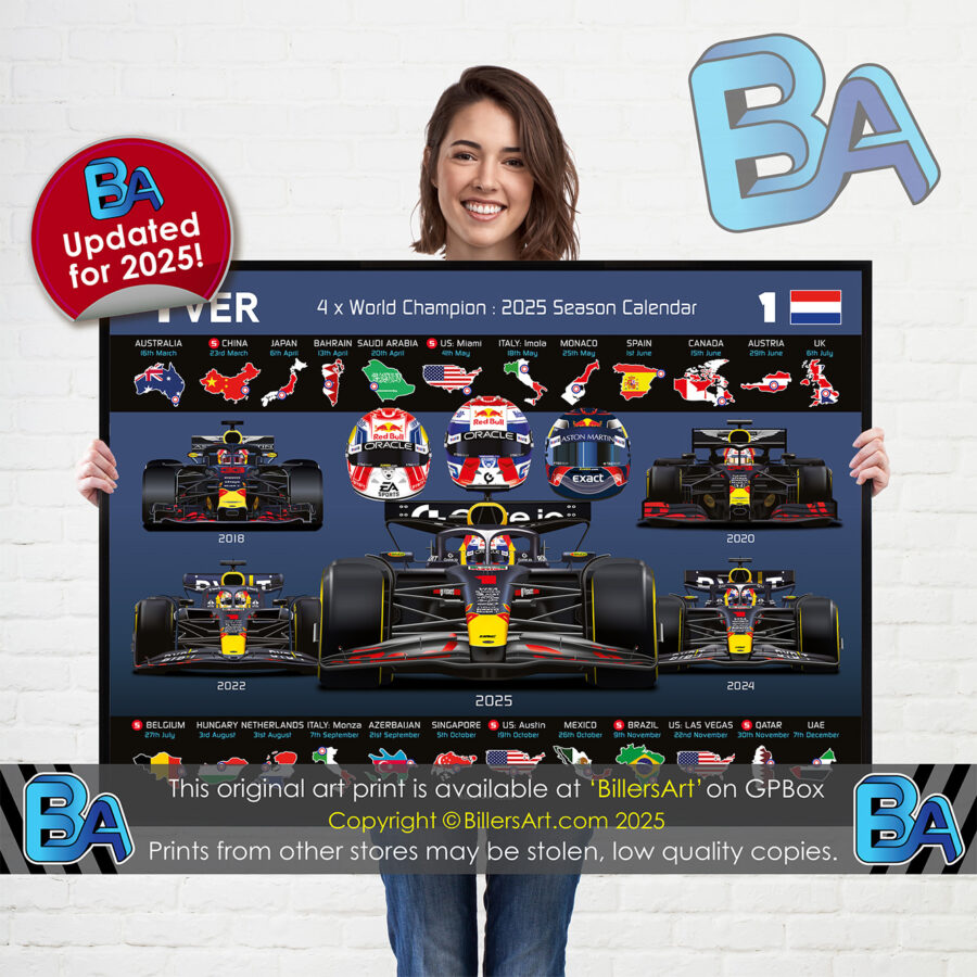 Max Verstappen 2025 Red Bull Formula 1 Car. Very High Quality Illustration In Blue (Orange also Available) Formula 1 Memorabilia