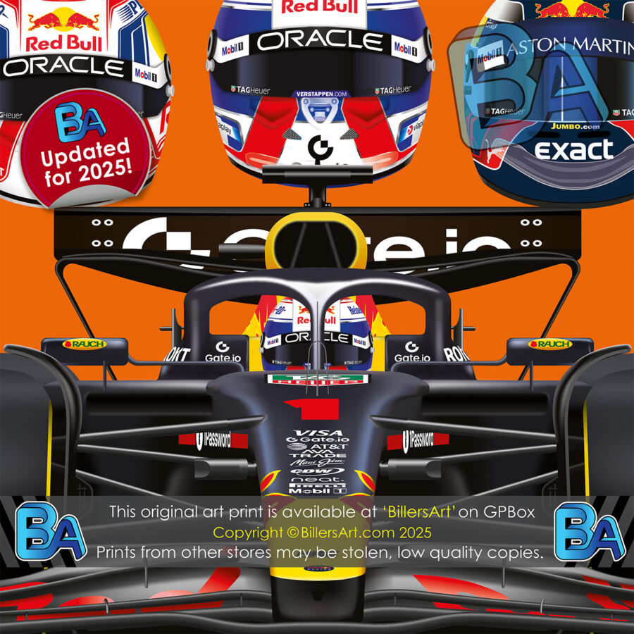 Max Verstappen 2025 Red Bull Formula 1 Car. Very High Quality Illustration In Orange (Blue also Available) from the Max Verstappen store collection.