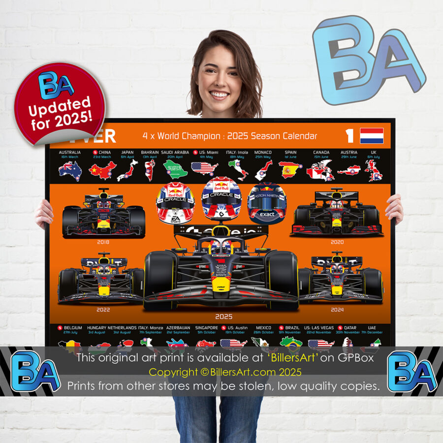 Max Verstappen 2025 Red Bull Formula 1 Car. Very High Quality Illustration In Orange (Blue also Available) from the Max Verstappen store collection.