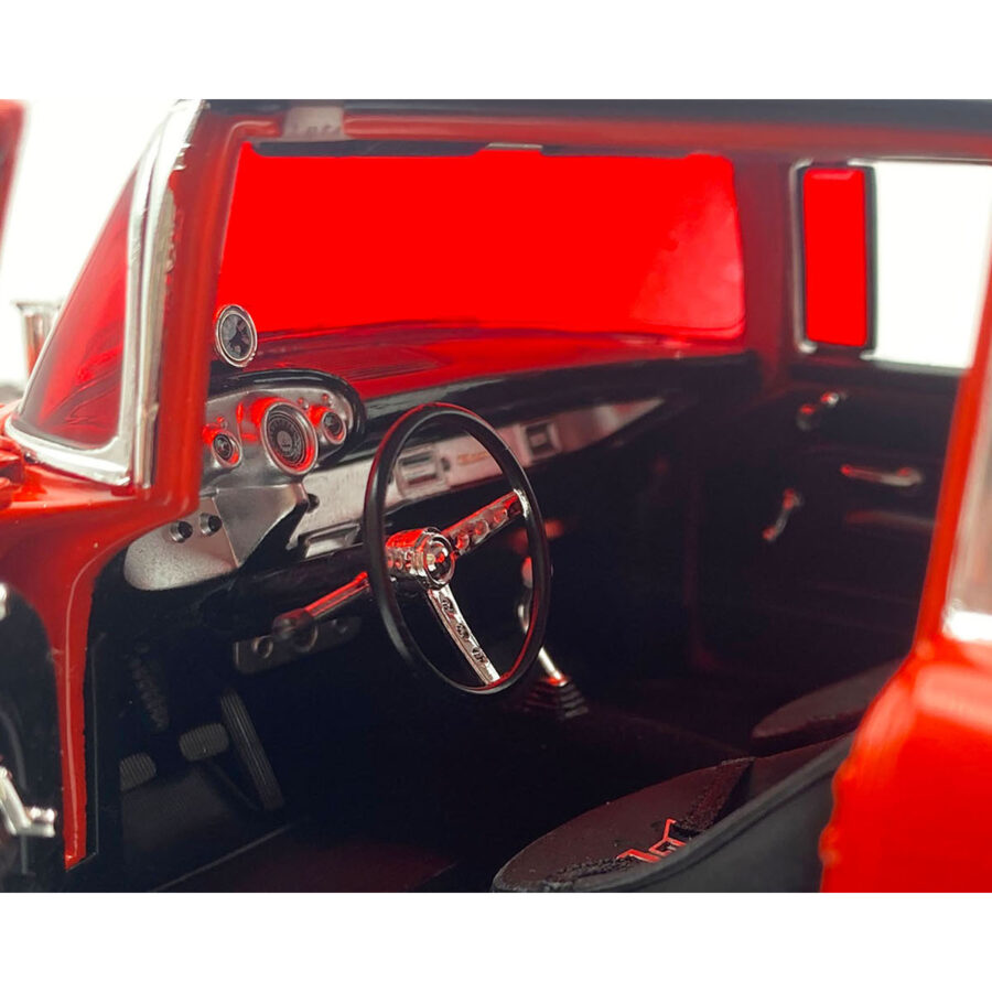 1957 Chevrolet Bel Air Gasser "Shake Rattle & Run Tribute" Red with Black Top and Graphics Limited Edition to 380 pieces Worldwide 1/18 Diecast Model Car by ACME from the Sports Car Racing Model Cars store collection.