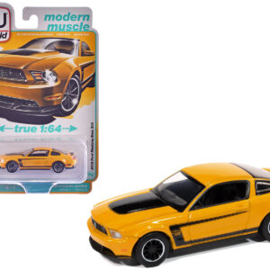 2012 Ford Mustang Boss 302 Yellow Blaze with Black Accents "Modern Muscle" Series 1/64 Diecast Model Car by Auto World from the Ford store collection.