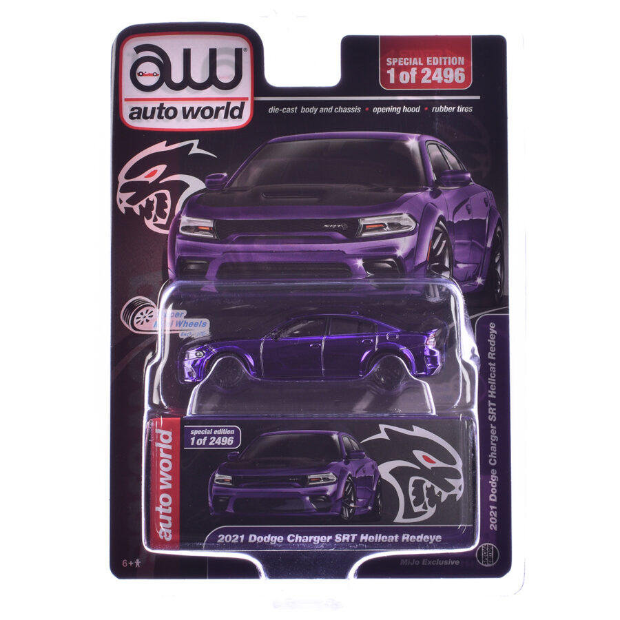 2021 Dodge Charger SRT Hellcat Redeye Purple Chrome with Black Hood Limited Edition to 2496 pieces Worldwide 1/64 Diecast Model Car by Auto World Automotive