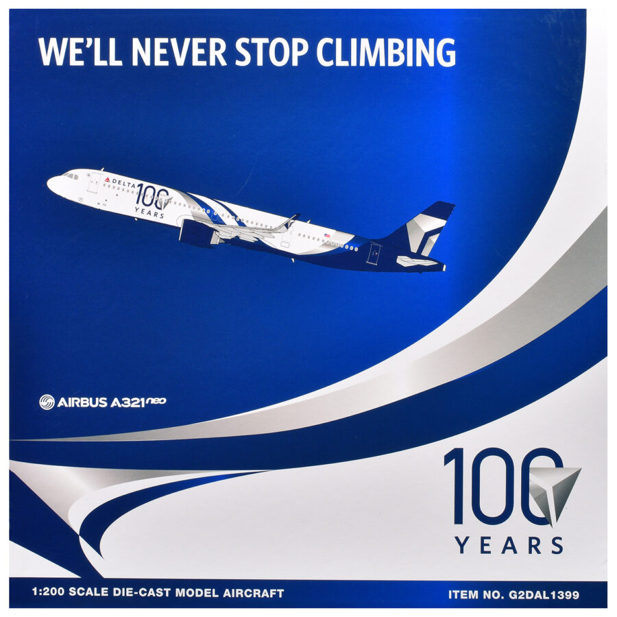 Airbus A321neo Commercial Aircraft "Delta Air Lines 100 Years" (N589DT) White and Blue with Stripes "Gemini 200" Series 1/200 Diecast Model Airplane by GeminiJets Automotive
