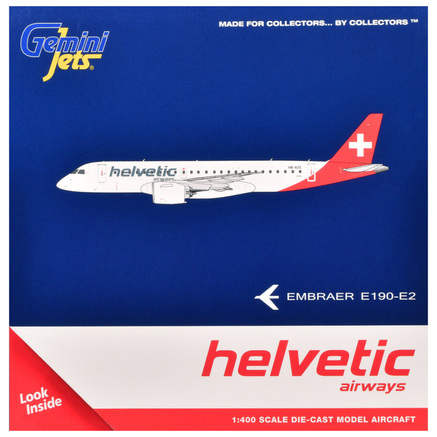 Embraer E190-E2 Commercial Aircraft "Helvetic Airways" (HB-AZC) White with Red Tail 1/400 Diecast Model Airplane by GeminiJets Automotive