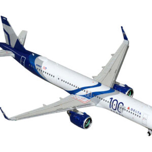 Airbus A321neo Commercial Aircraft "Delta Air Lines 100 Years" (N589DT) White and Blue with Stripes 1/400 Diecast Model Airplane by GeminiJets  by Diecast Mania