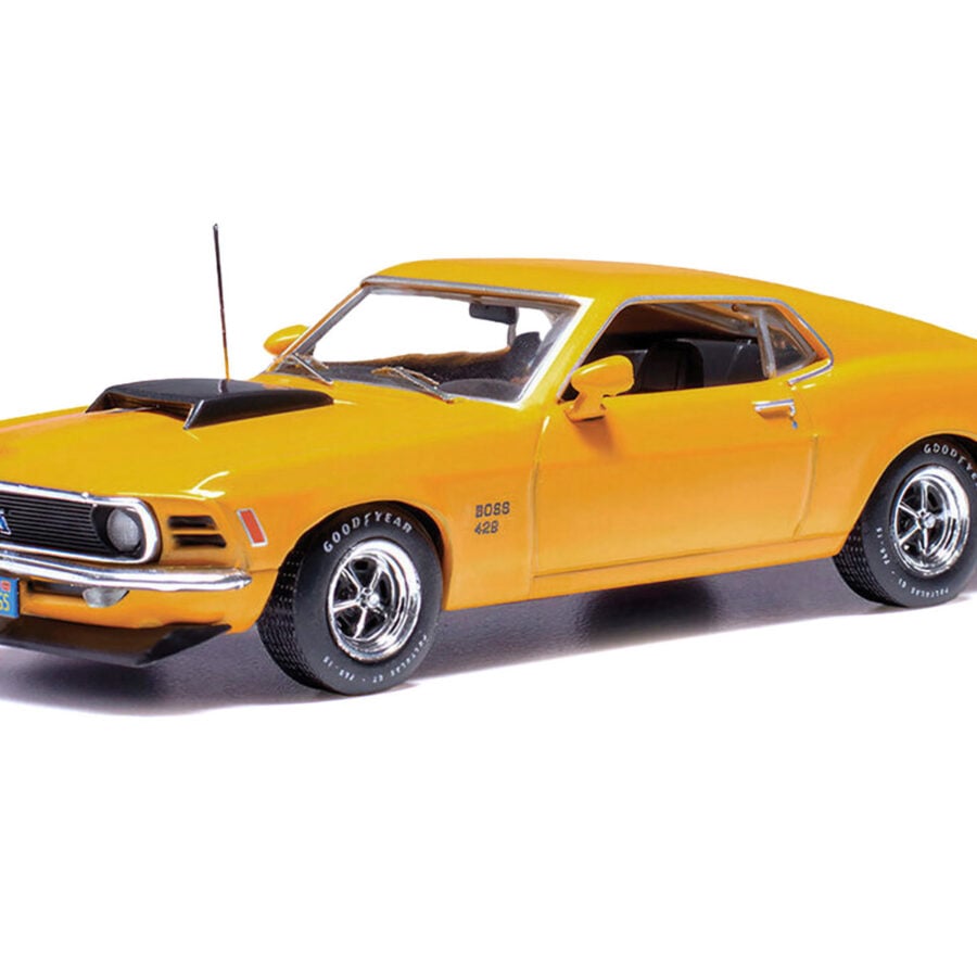 1970 Ford Mustang Boss 429 Bright Yellow with Black Hood Scoop 1/43 Diecast Model Car by IXO Models from the Ford store collection.