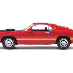 1969 Ford Mustang Mach 1 Calypso Coral Red with Black Hood and Yellow Stripes 1/43 Diecast Model Car by IXO Models from the Sports Car Racing Collectibles store collection.