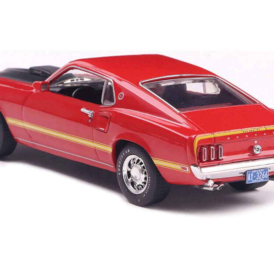 1969 Ford Mustang Mach 1 Calypso Coral Red with Black Hood and Yellow Stripes 1/43 Diecast Model Car by IXO Models Automotive