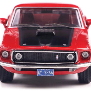 1969 Ford Mustang Mach 1 Calypso Coral Red with Black Hood and Yellow Stripes 1/43 Diecast Model Car by IXO Models from the Sports Car Racing Collectibles store collection.